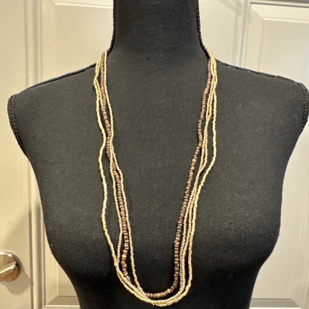NEW Seed Bead Multi Layer Gold Tone Brown Multi-strand Beaded Necklace 15" Drop